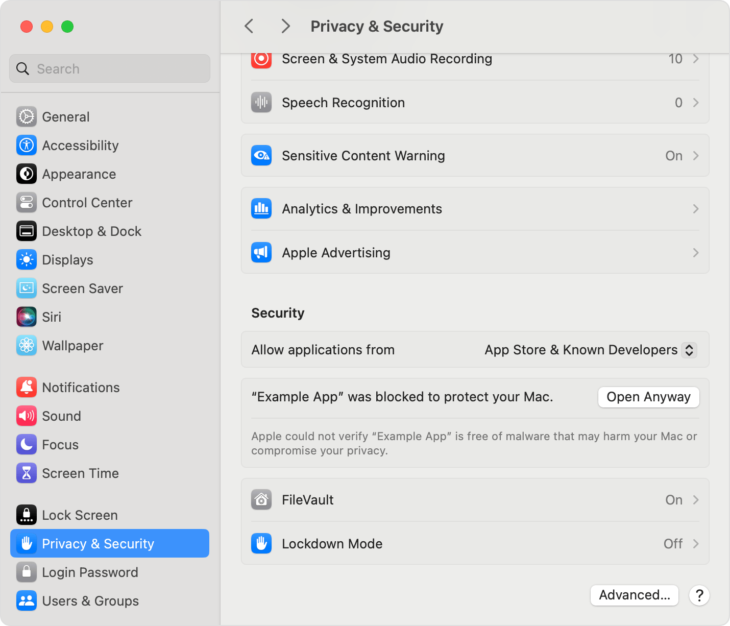 macOS System Settings → Privacy & Security showing the 'Open Anyway' button next to the SlapChan block notice